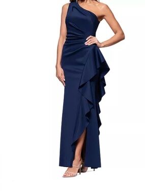 Xscape One-Shoulder Navy Ruffle Gown